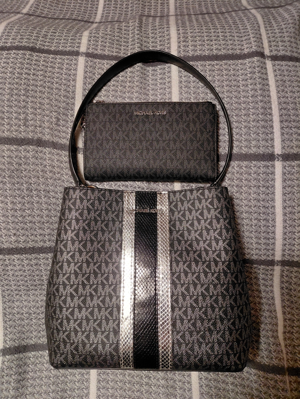 Michael Kors Black and Gray MK Signature Shoulder Bag with Wallet
